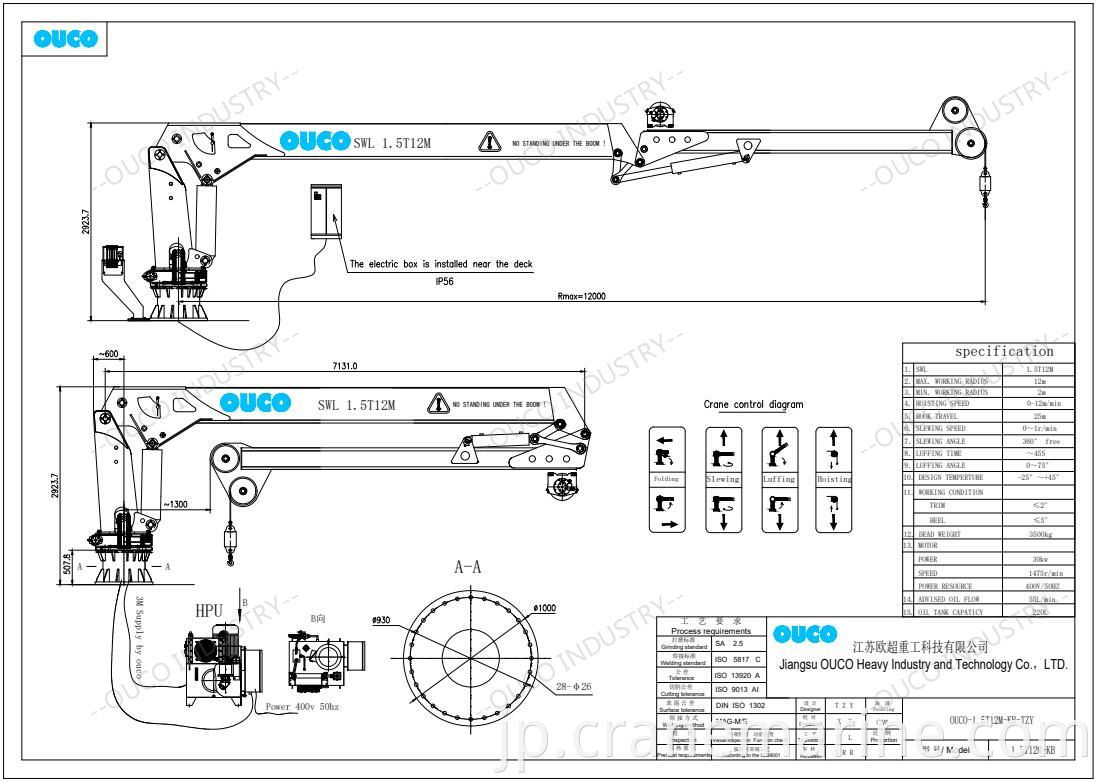 1.5T12M knuckle boom marine crane